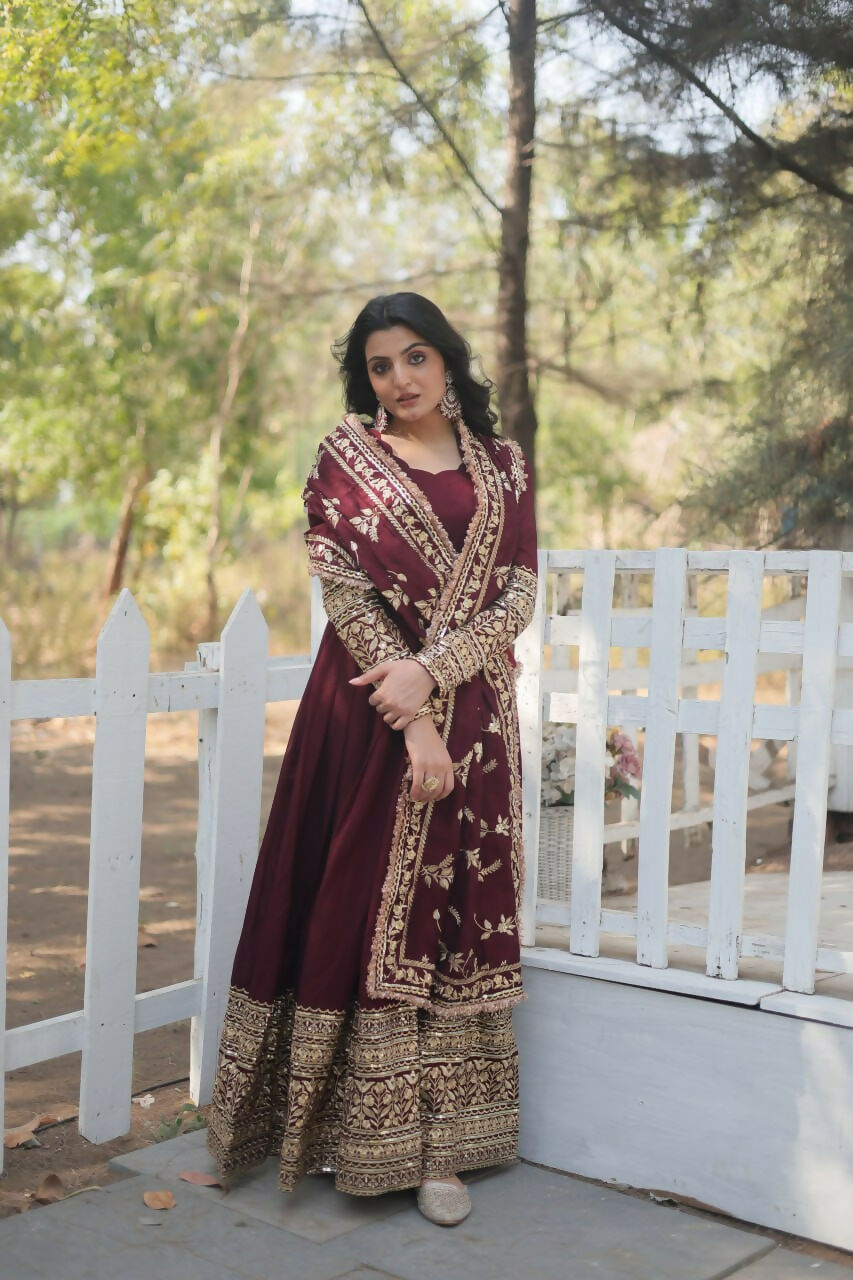 Vastranavya Premium Vichitra Shimmer with Rich Sequins Embroidered work Gown & Dupatta - Dark Maroon