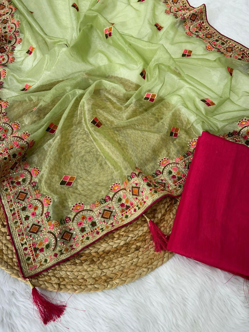 Vastranavya Twill Net Designer Embroidery & Colour Thread & Diamond work Saree with Blouse Material - Mint Green