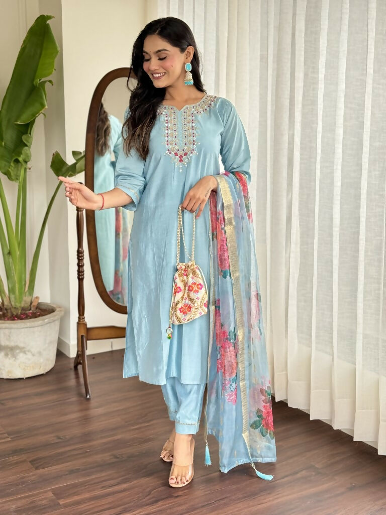 Lavender Viscose chanderi Stitched Suit With Dupatta - Tanisha