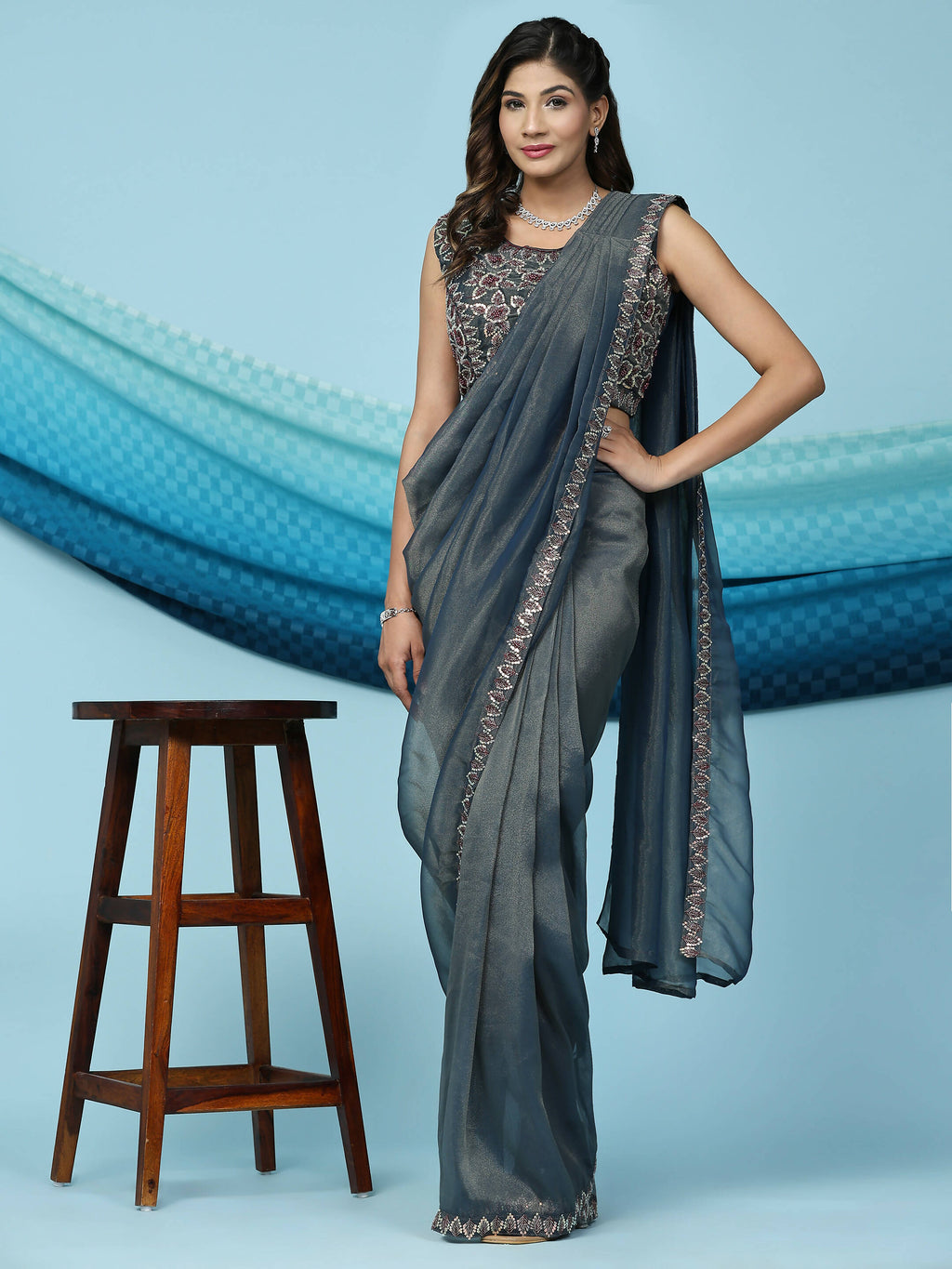Teal Lycra Shimmer Pattern Ready to Wear Saree with stitched Blouse - Nirvana