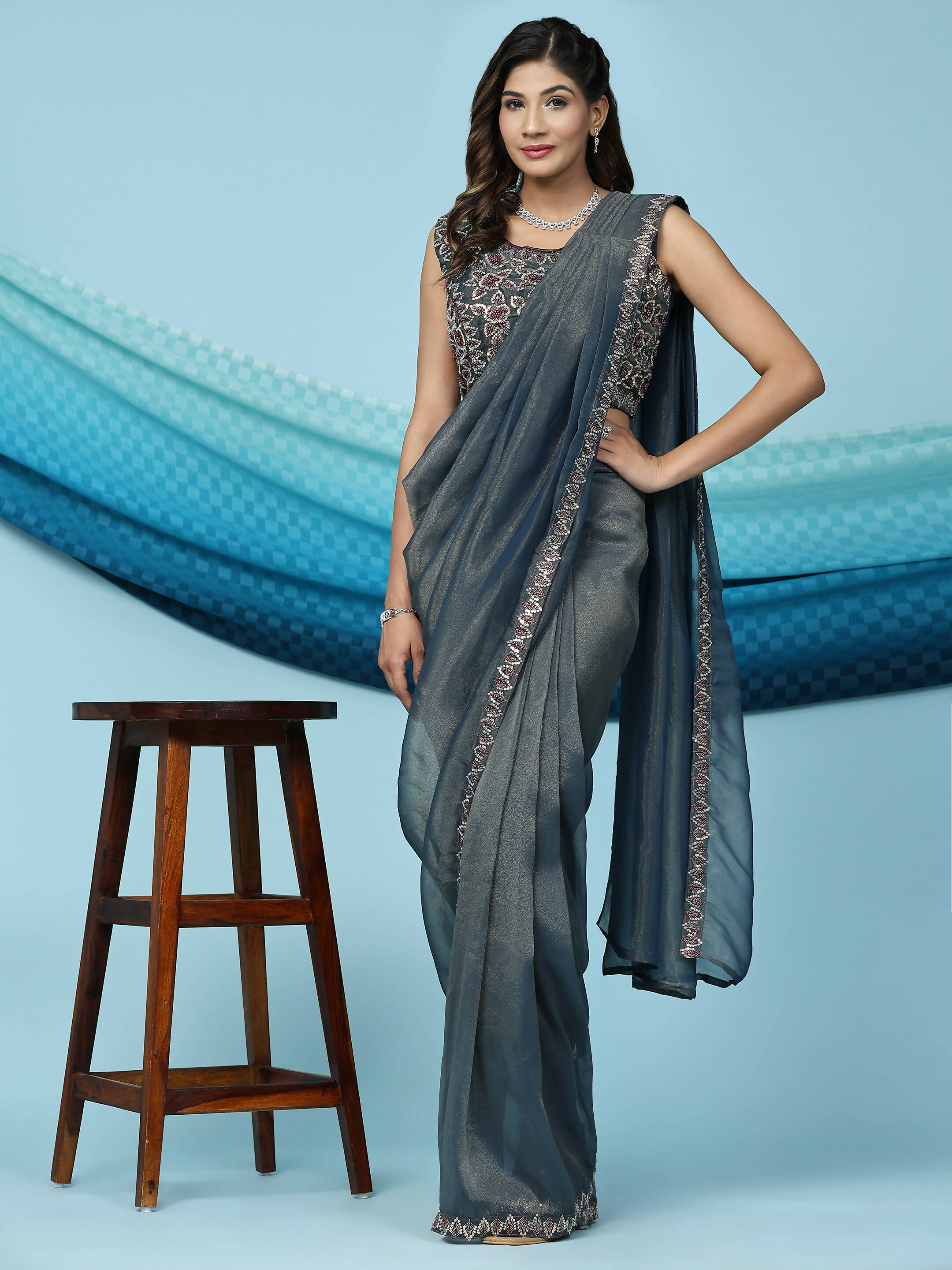Teal Lycra Shimmer Pattern Ready to Wear Saree with stitched Blouse - Nirvana