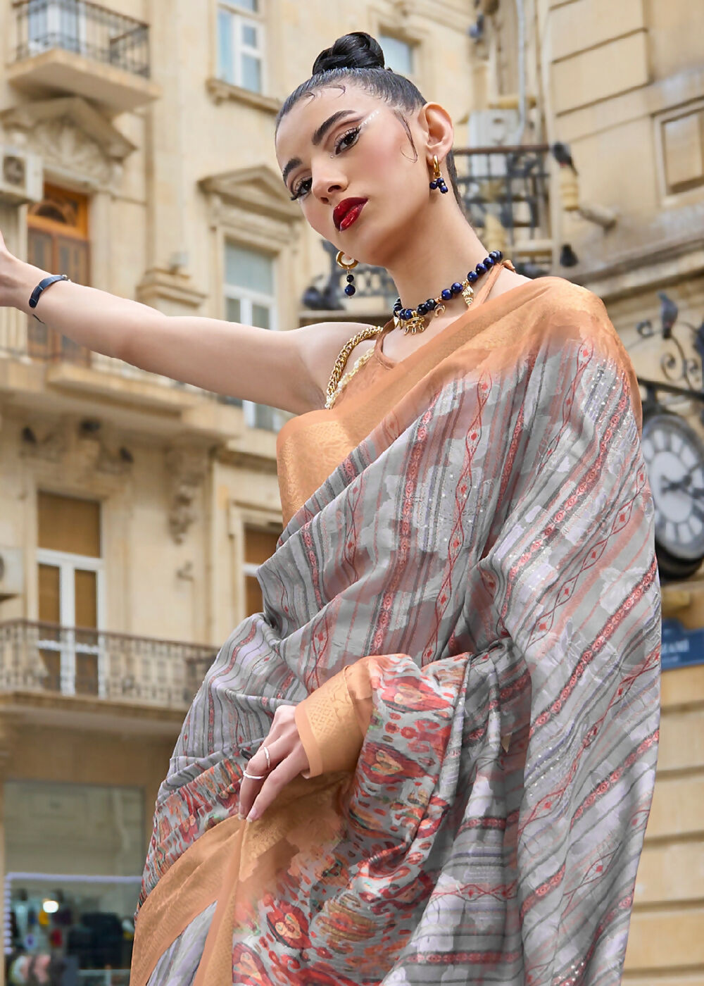 Lovely Grey Polly Brasso Designer Saree - Emponline