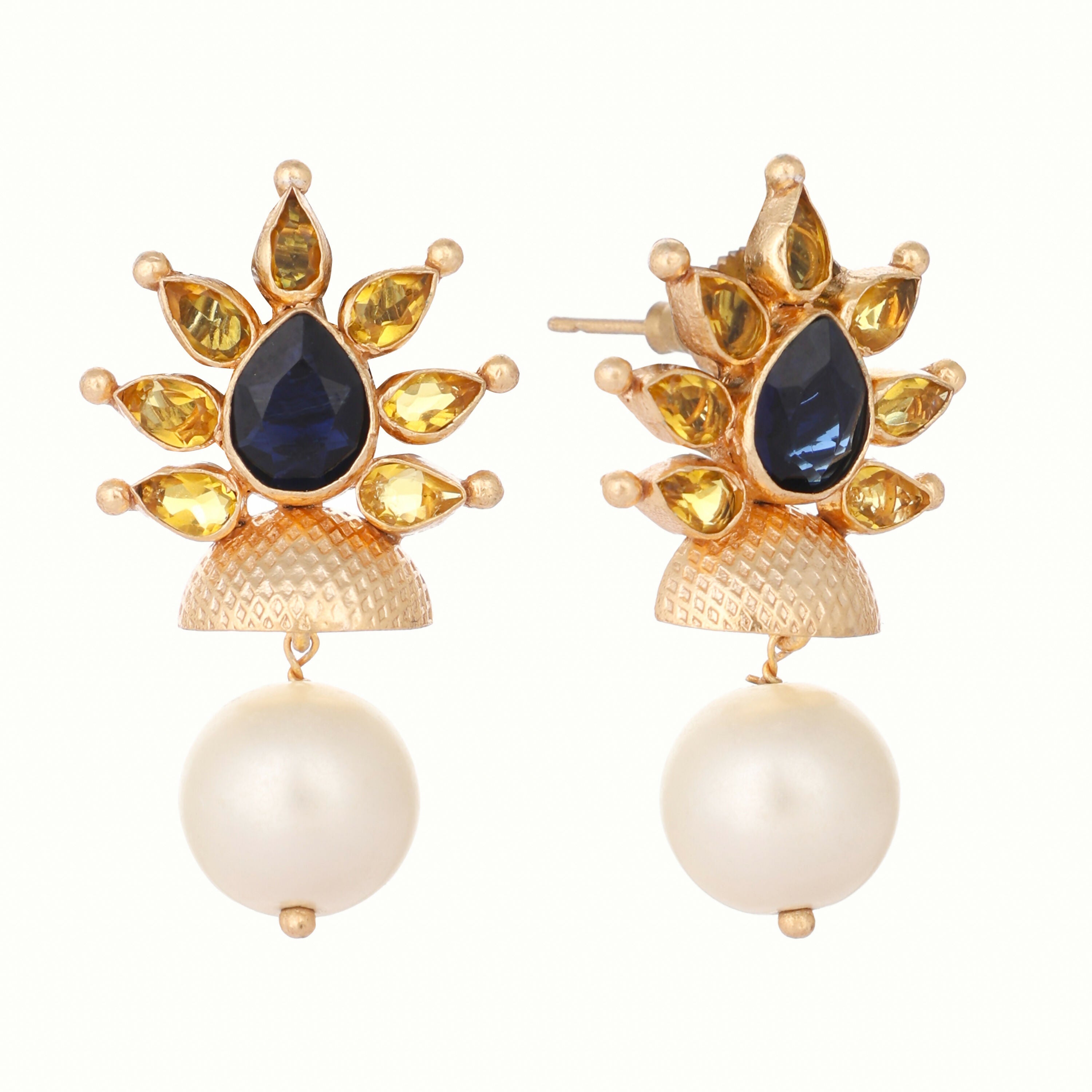Nuyug 22K Gold Plated Pearl & Crystal Studded Contemporary Floral Stud Earrings