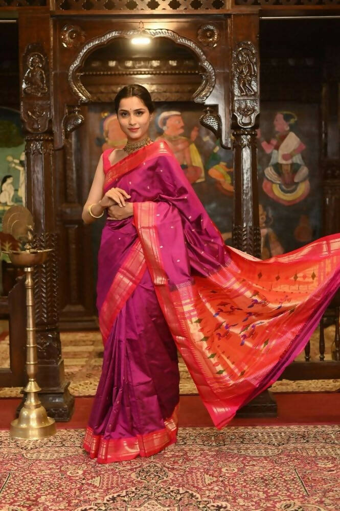 Very Much Indian Pure Silk Paithani With Most Magenta With Contrast Pink