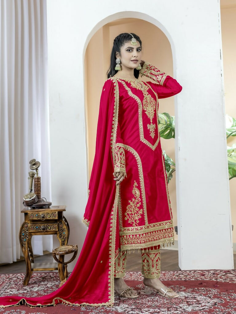 Teeya Creation Red Color Chinnon Silk Embroidery Work Fully Stitched Salwar Suit