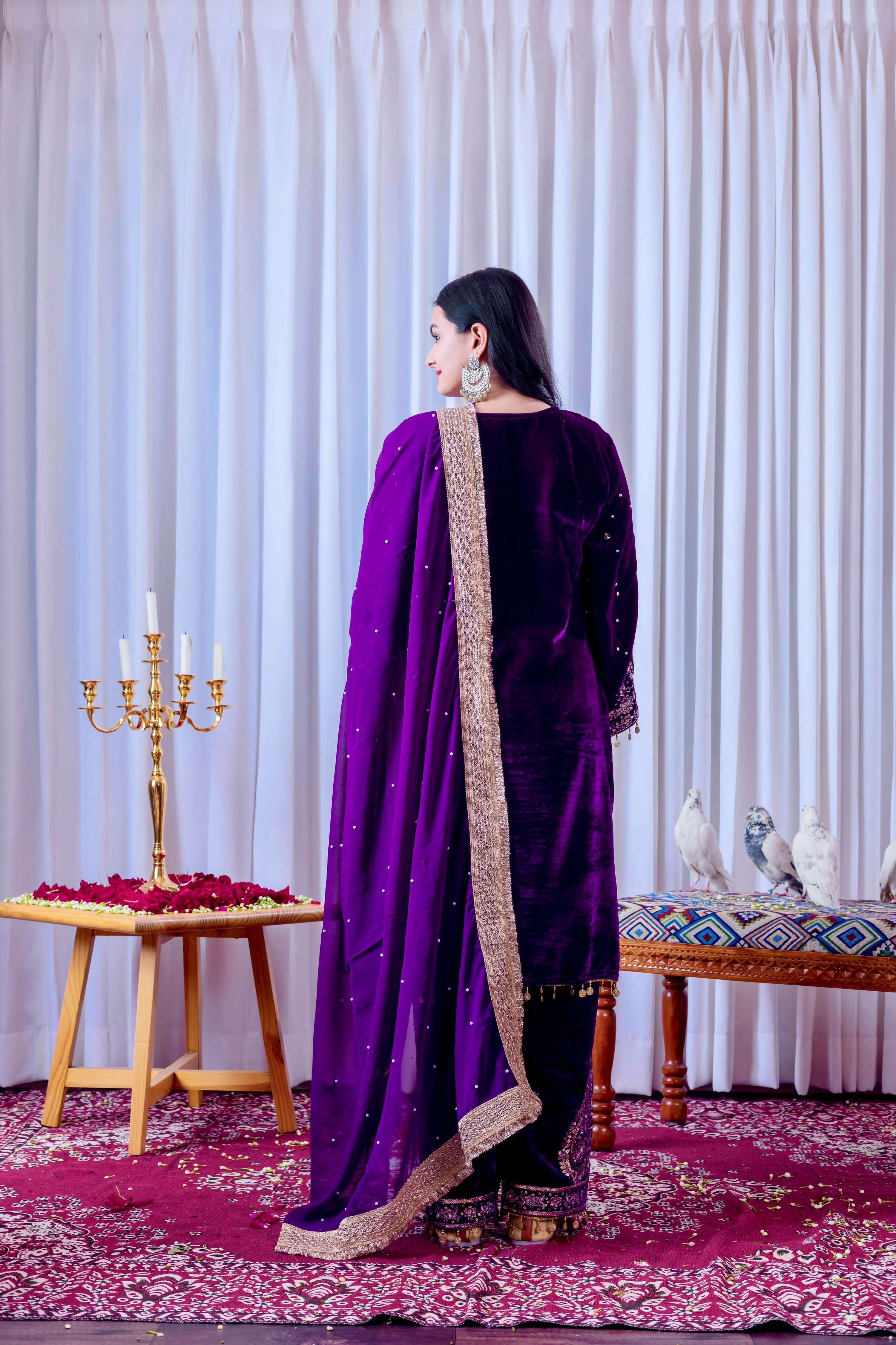 Joban Fashion Royal Purple Velvet Embroidery Kurta Set