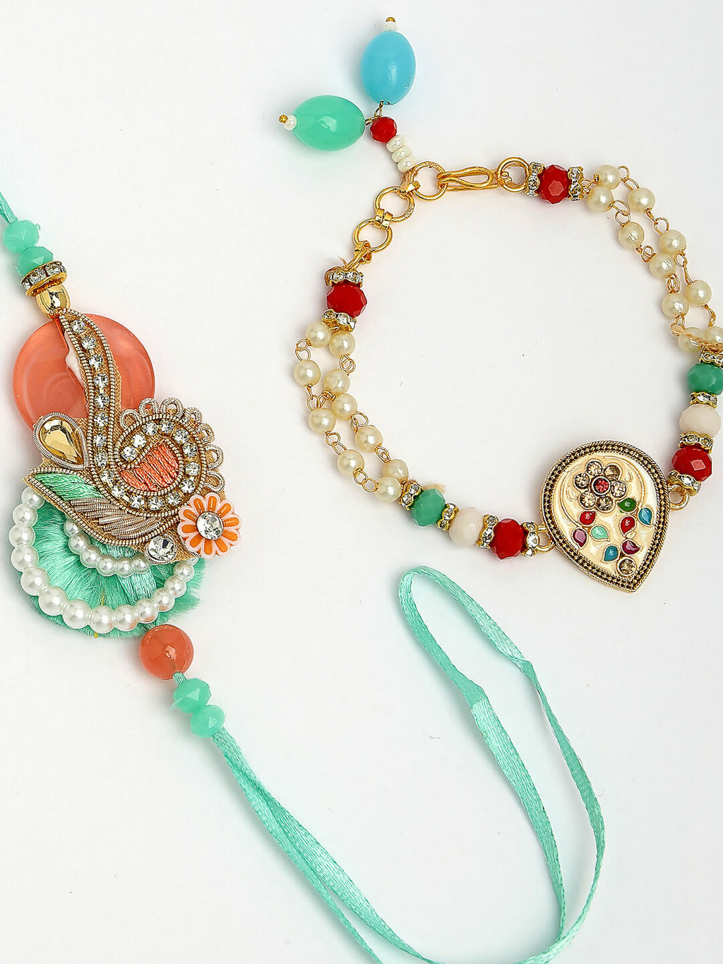 NVR Women & Men Set of 2 Multicolor Stone-Studded & Beaded Bhaiya Bhabhi Rakhi With Roli Chawal