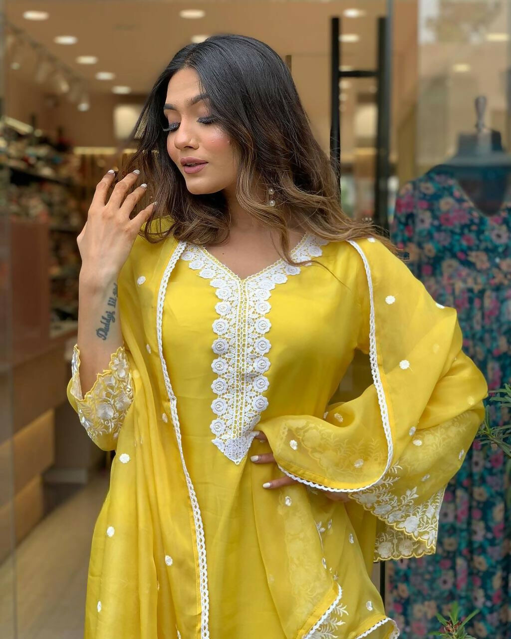 The52 Yellow Women's Gorgeous Embroidered Georgette Fabric Straight Kurta Pant with Dupatta Set