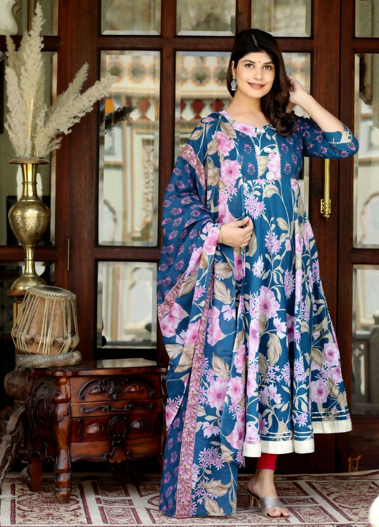 Miravan Women's Flower Printed Blue Anarkali Kurta And Dupatta