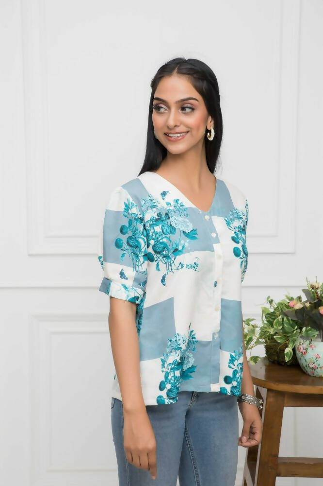 Myshka Women White Floral V-Neck Flutter Sleeves Viscose Rayon Top