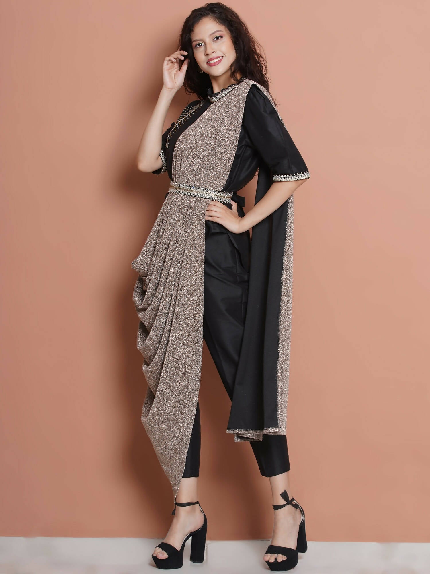 Women Republic Black Cotton Blended Set with Attached Drape