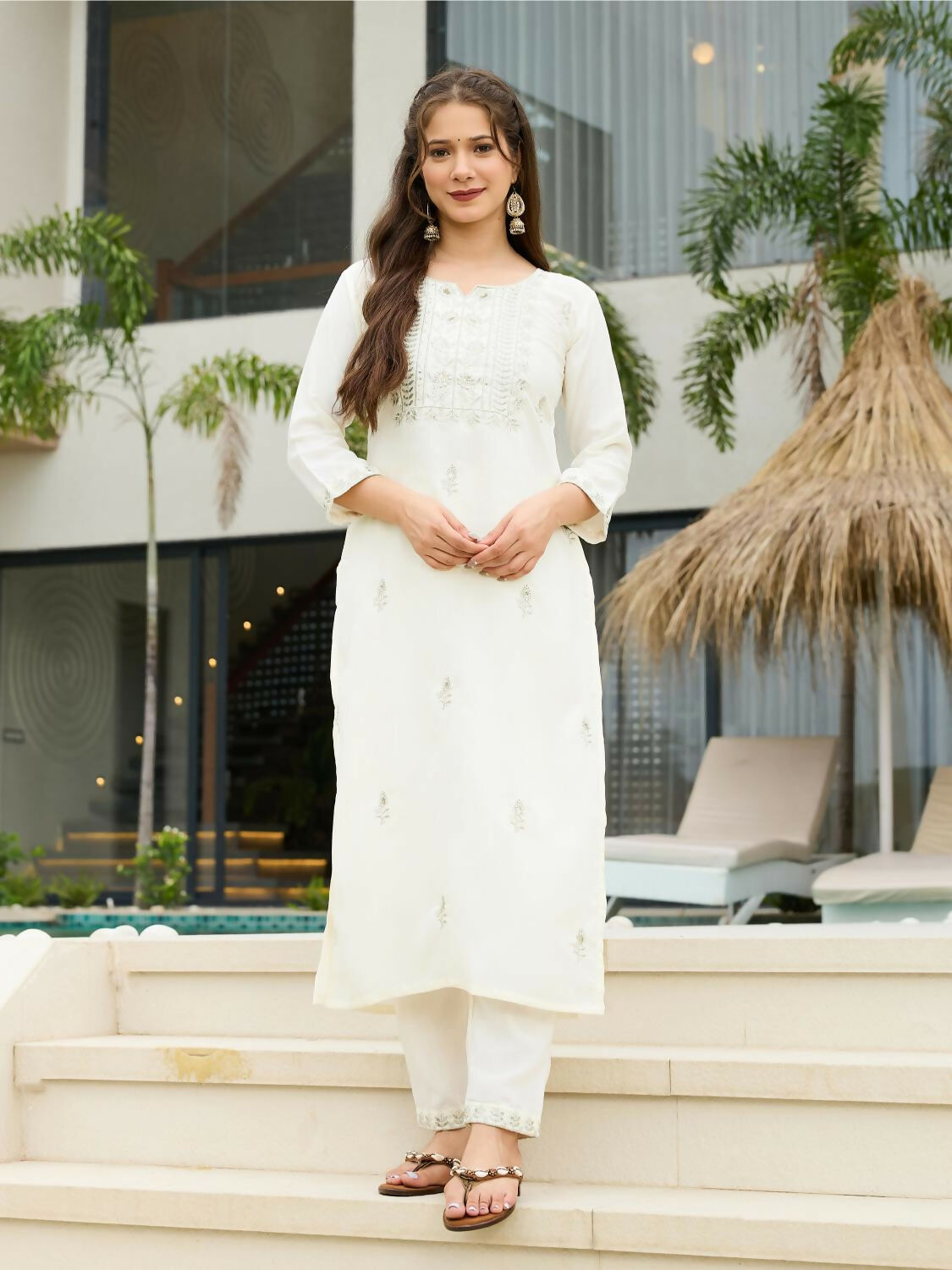 The52 White Women's Beautiful Rayon Slub Fabric Embroidered Work Straight Kurta, Pant and Dupatta Set