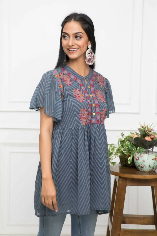 Myshka Women Solid V-Neck Flared Sleeves Synthetic Georgette Grey Top