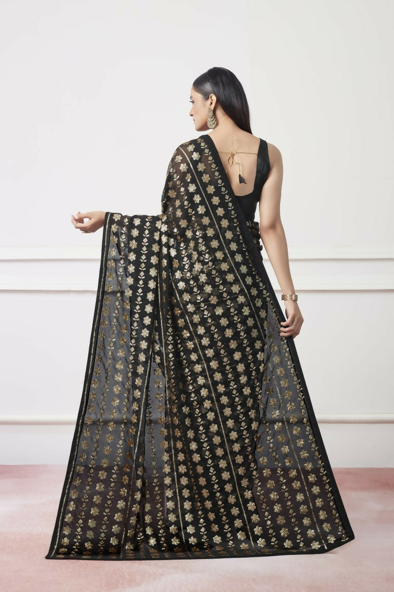 Black Georgette Sequance Embroidery Work Saree with Unstitched Blouse - Vandini