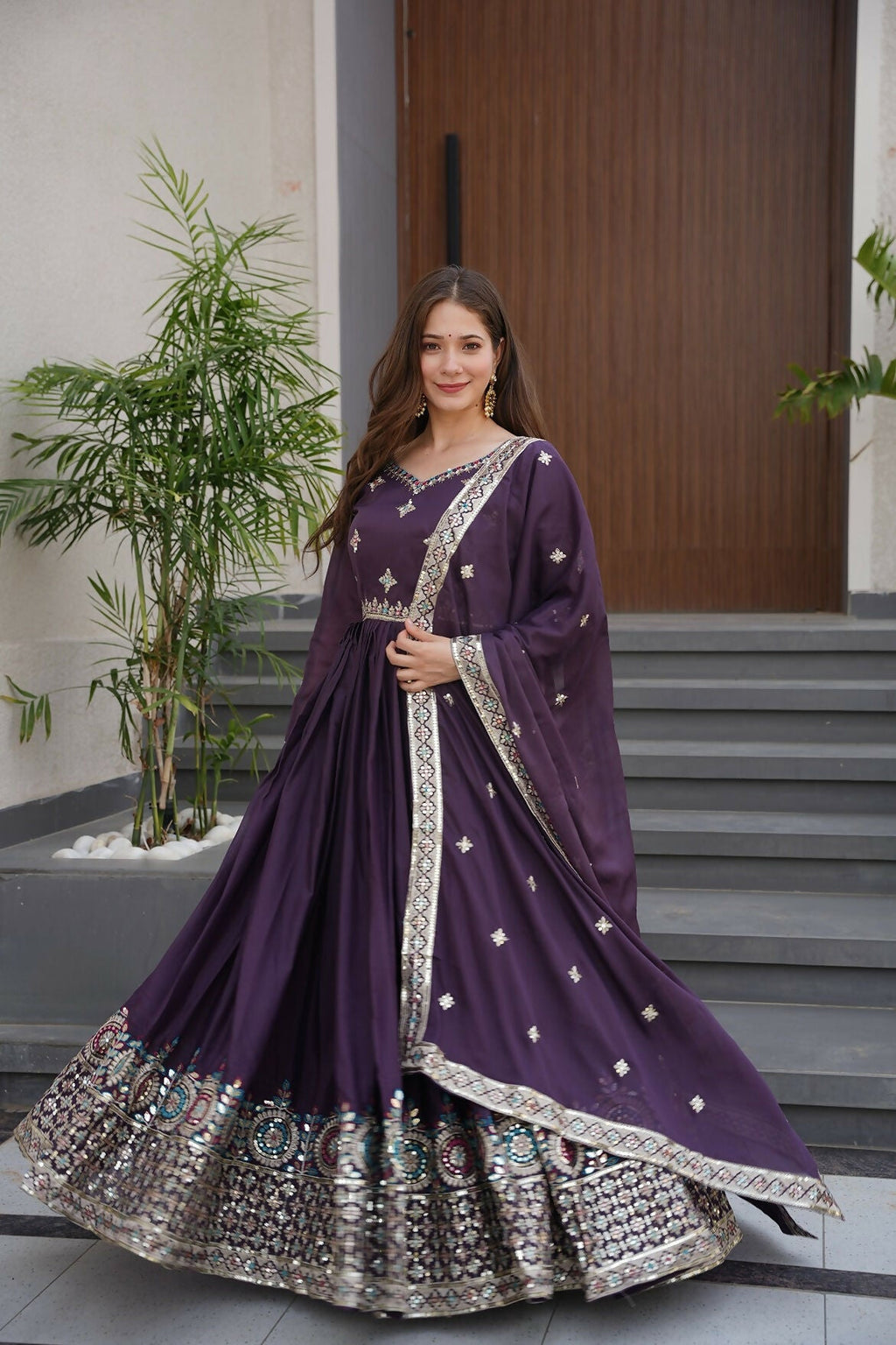 Teeya Creation Violet Color Pure Diamond Silk Wedding Wear Long Gown
