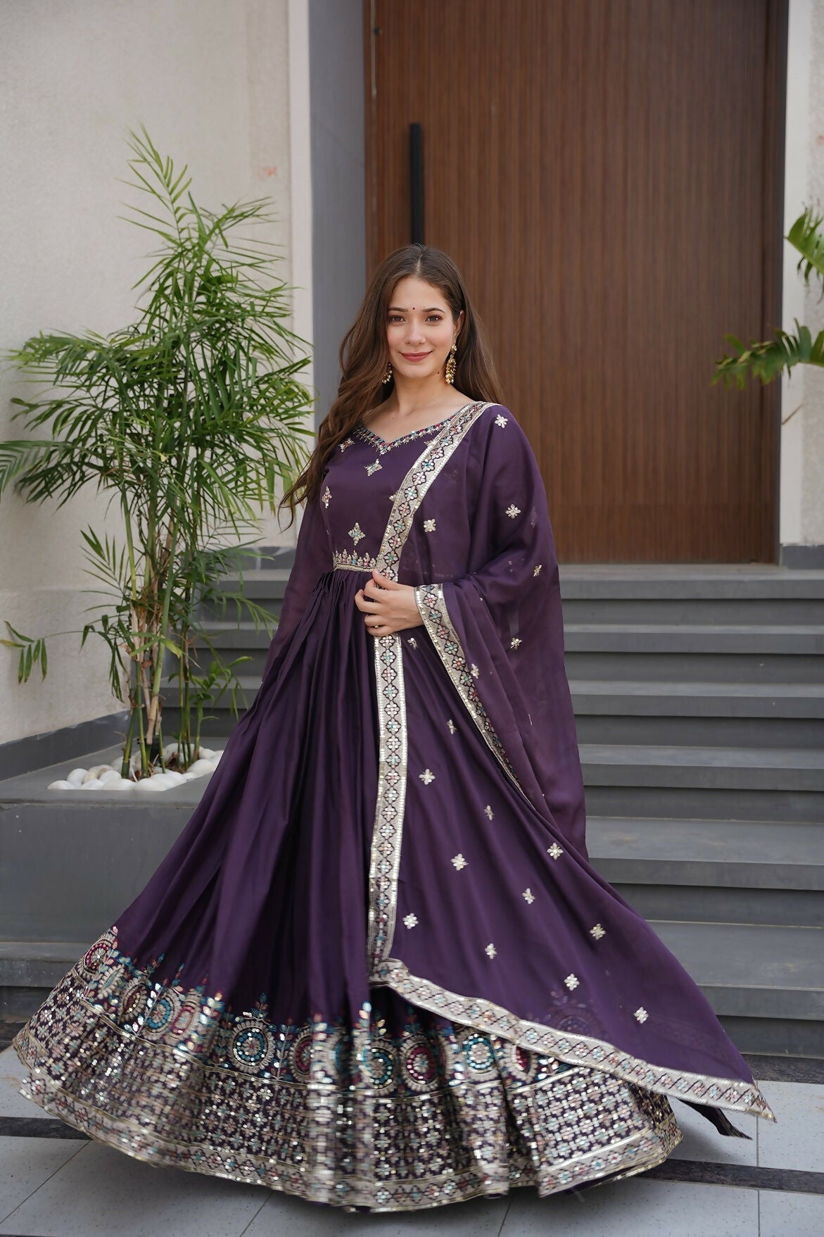 Teeya Creation Violet Color Pure Diamond Silk Wedding Wear Long Gown