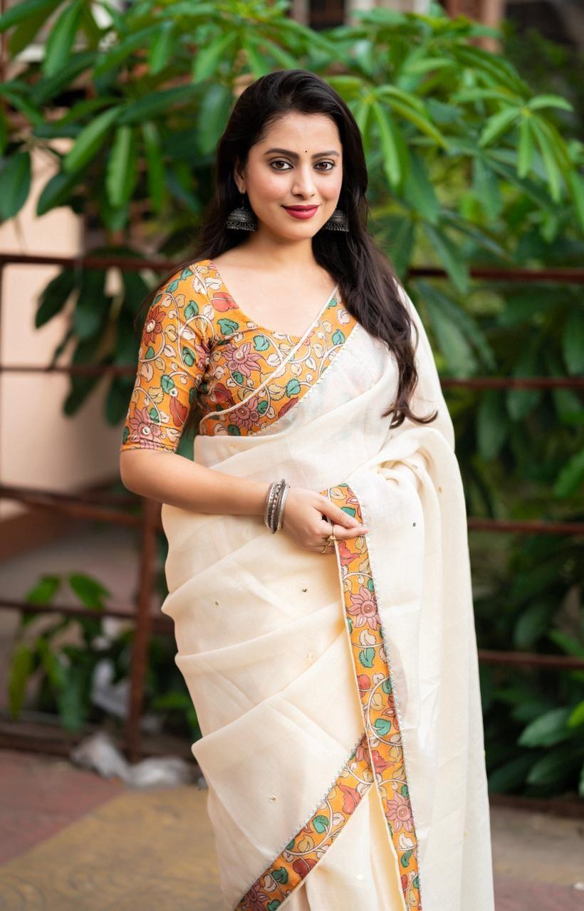 Yellow Pure Linen Ethnic Motifs Saree with Unstitched Blouse - A2M