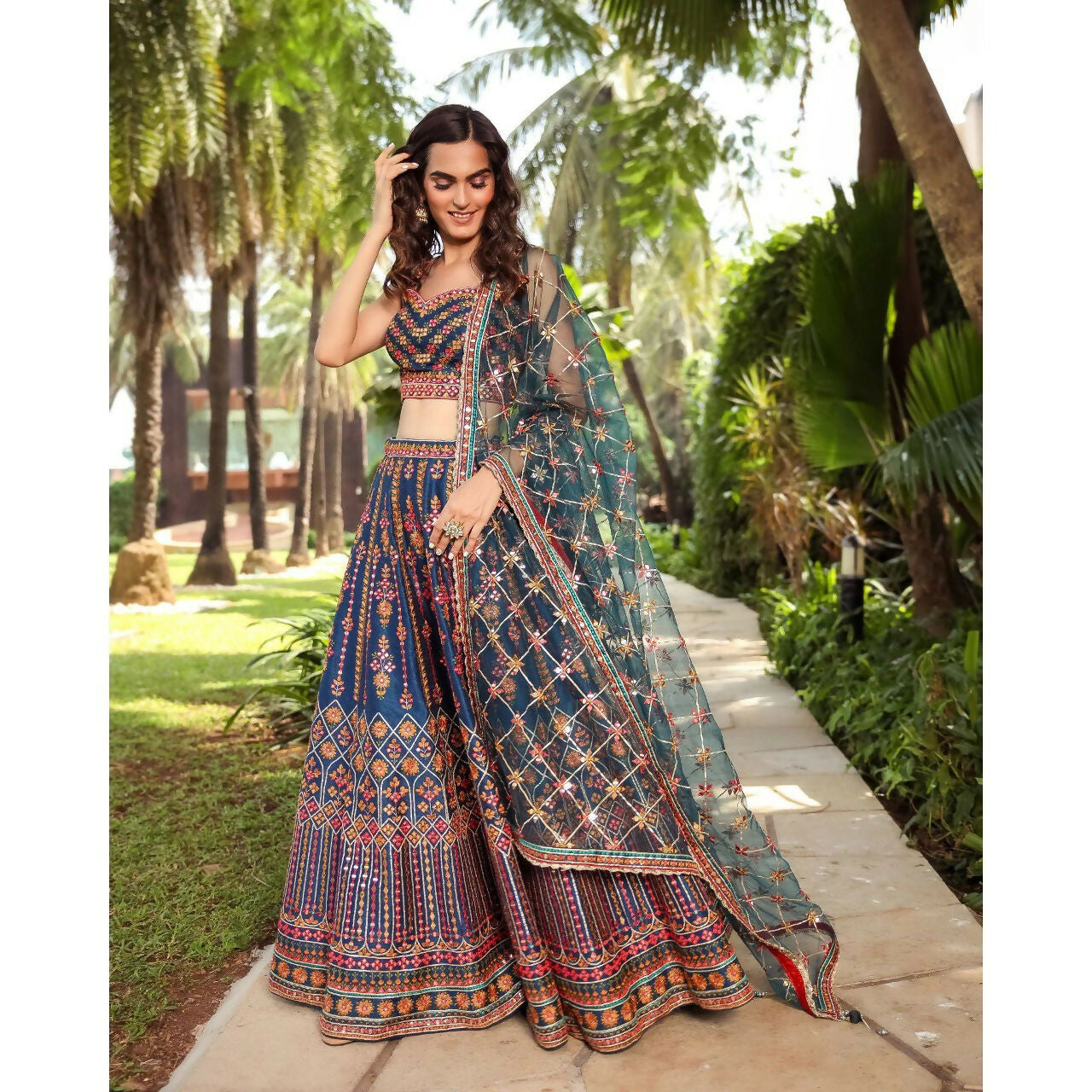 Jyoti Fashion Outstanding Blue Chinon 3MM, 9MM Sequins with Thread & Jari Embroidery Lehenga Choli with Dupatta