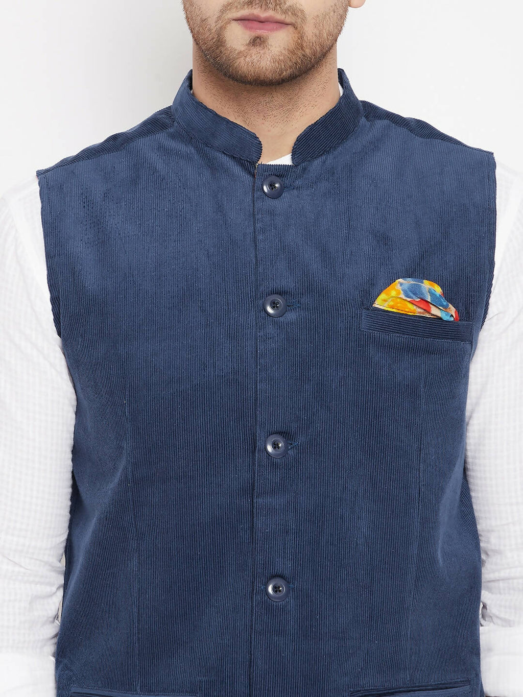 Even Apparels Blue Polyester Men's Nehru Jacket-Contrast Lining-Inbuilt Pocket Square