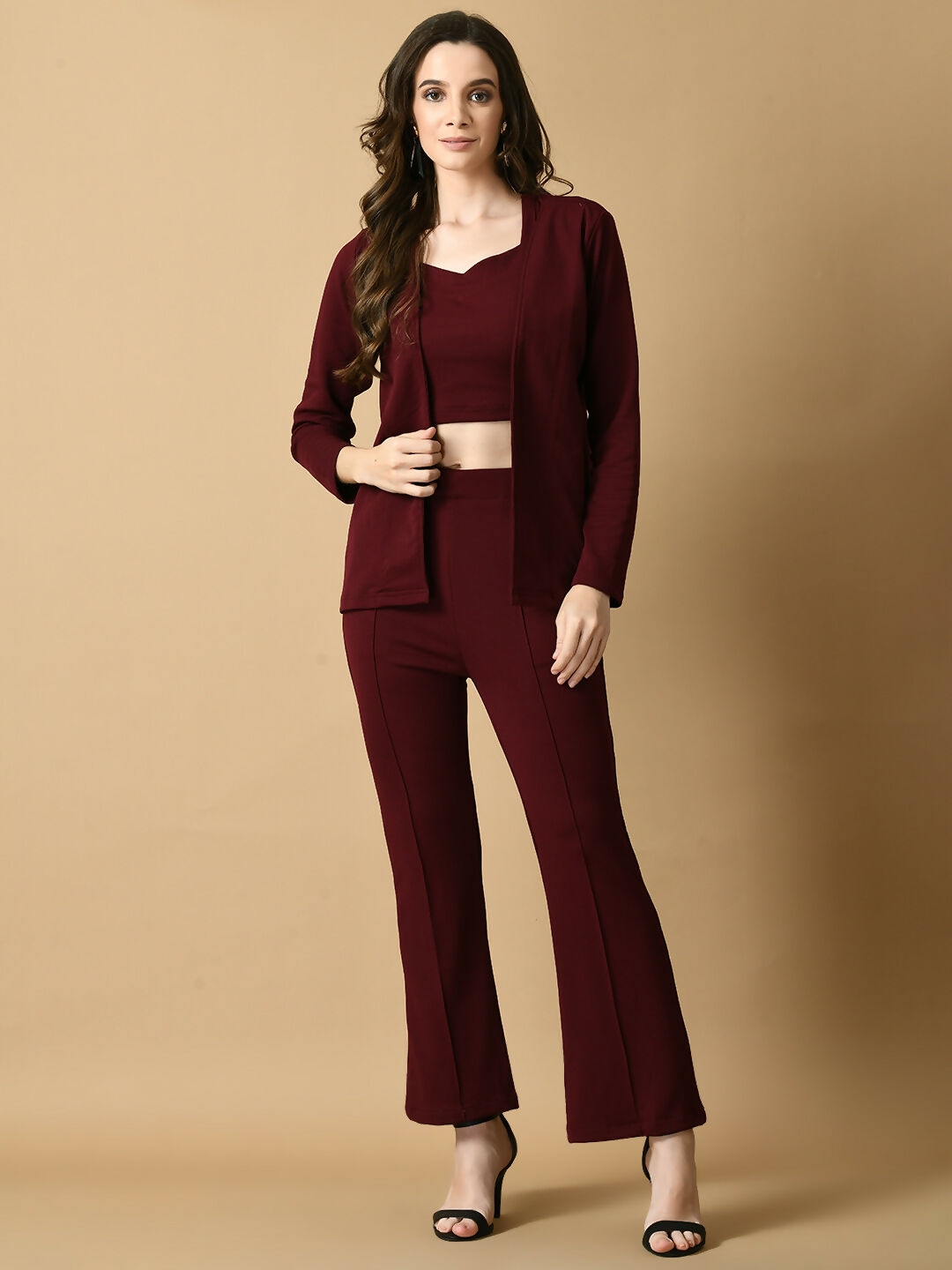 Myshka Women's Magenta Solid Coat With Trousers