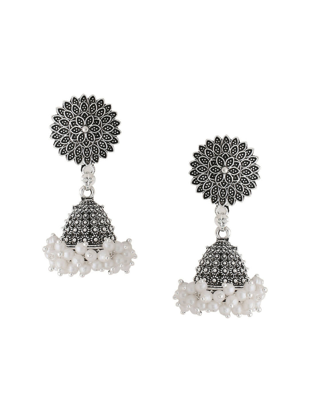 NVR Women Silver Toned Dome Shaped Jhumkas Earrings