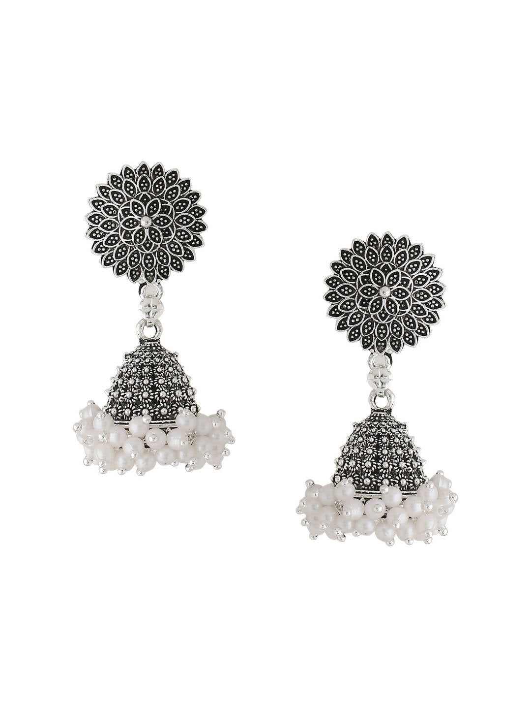 NVR Women Silver Toned Dome Shaped Jhumkas Earrings