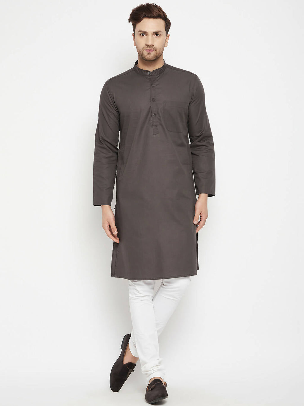 Even Apparels Brown Color Pure Cotton Long Men's Kurta With Band Collar