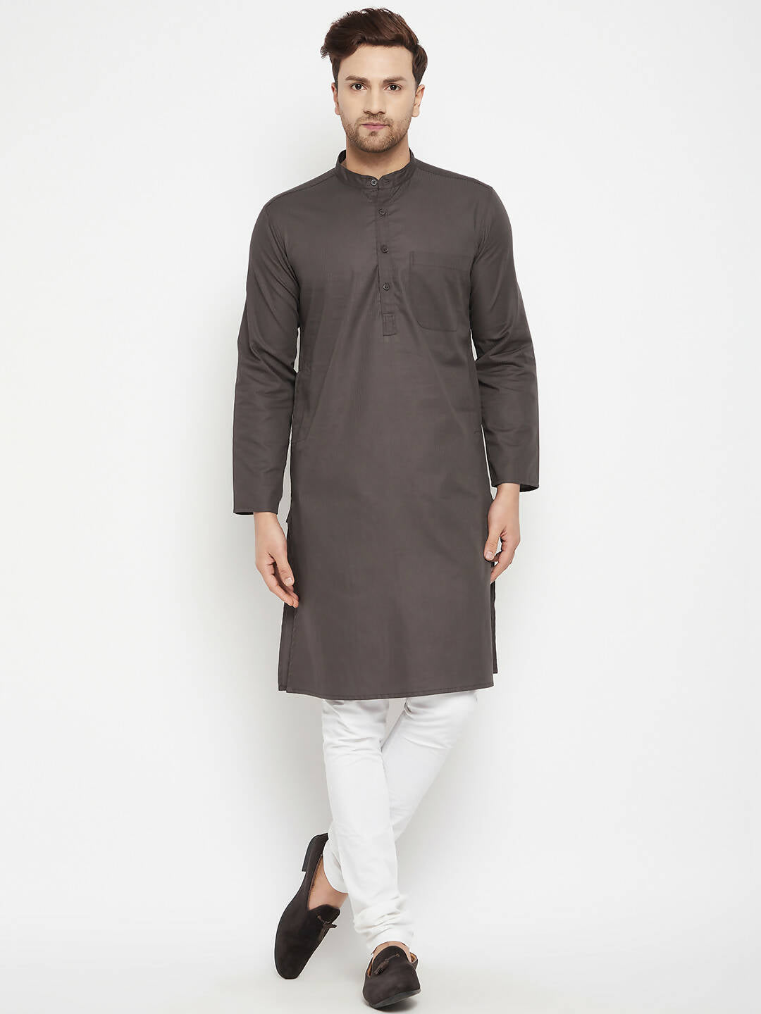 Even Apparels Brown Color Pure Cotton Long Men's Kurta With Band Collar