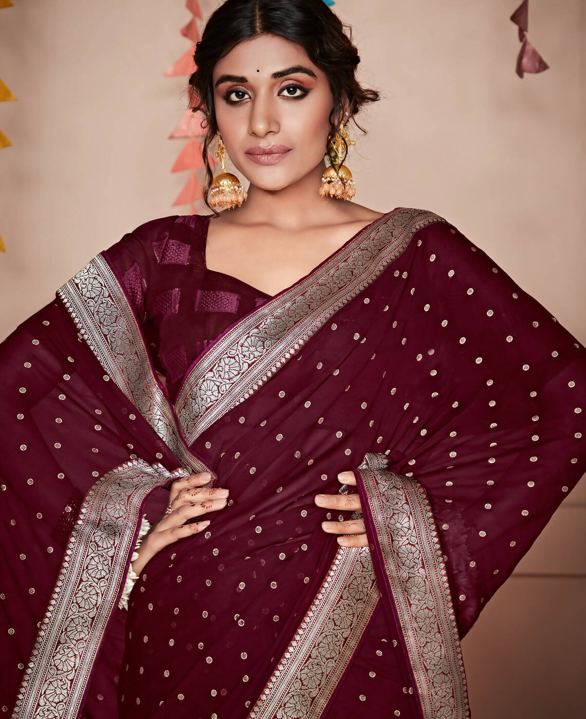 Wine Georgette Foil Printed Saree With Unstitched Blouse Piece - Nitya