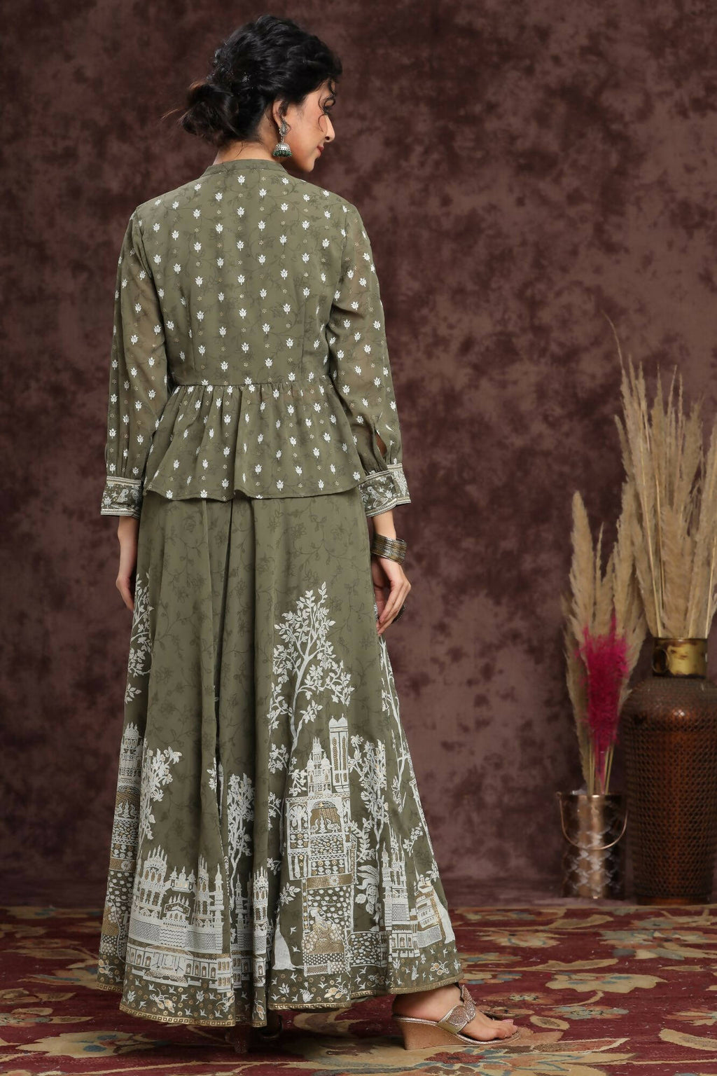 Juniper Women Olive Georgette Printed Flared Lehenga Choli Sets