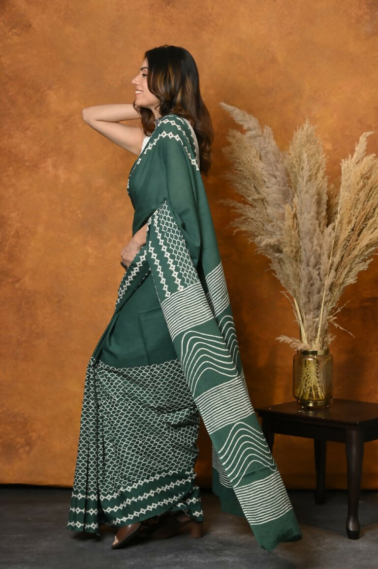 Very Much Indian Handblock Printed Cotton Saree With Natural Dyes - Leaf Green