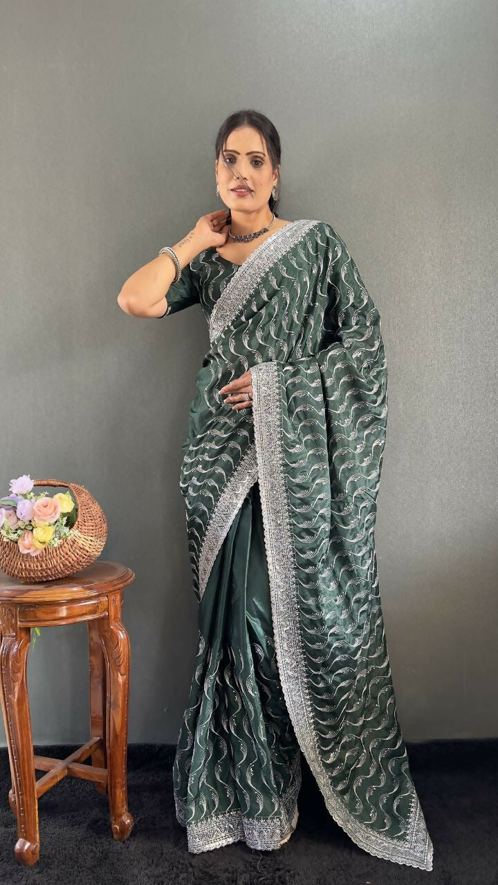 Vastranavya Sea Green Chinnon Silk Embroidery Multi Sequence & Arco Cut Work Ready to Wear Saree
