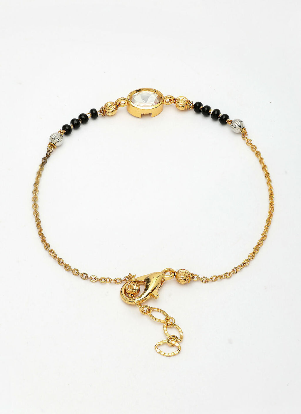 NVR Women Gold-Polished & Black Brass Stone-Studded Hand Mangalsutra Link Bracelet