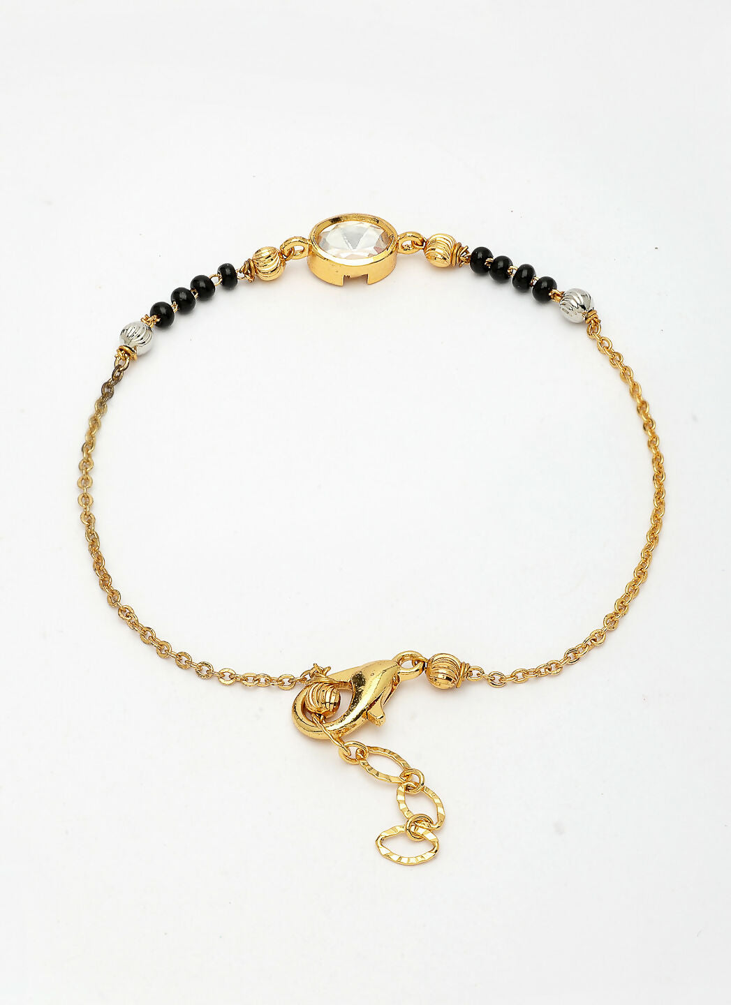 NVR Women Gold-Polished & Black Brass Stone-Studded Hand Mangalsutra Link Bracelet