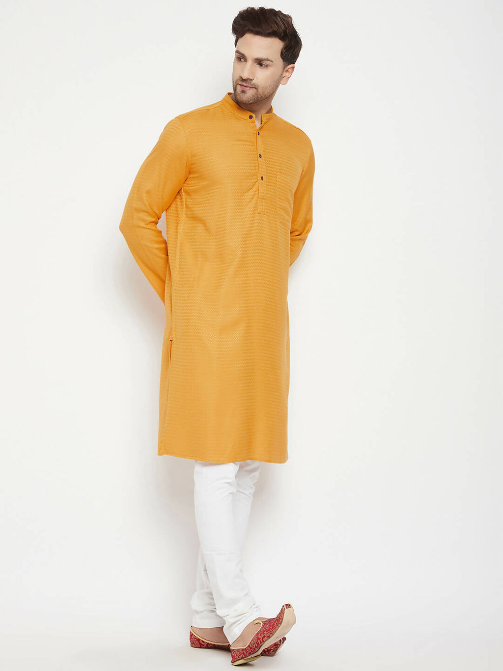 Even Apparels Yellow Viscose Men's Long Kurta With Band Collar
