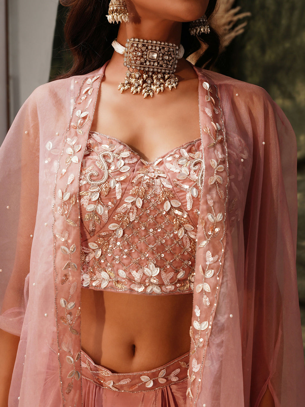 Peach Pure Crepe Handwork Top with Skirt & Shrug - Naomika
