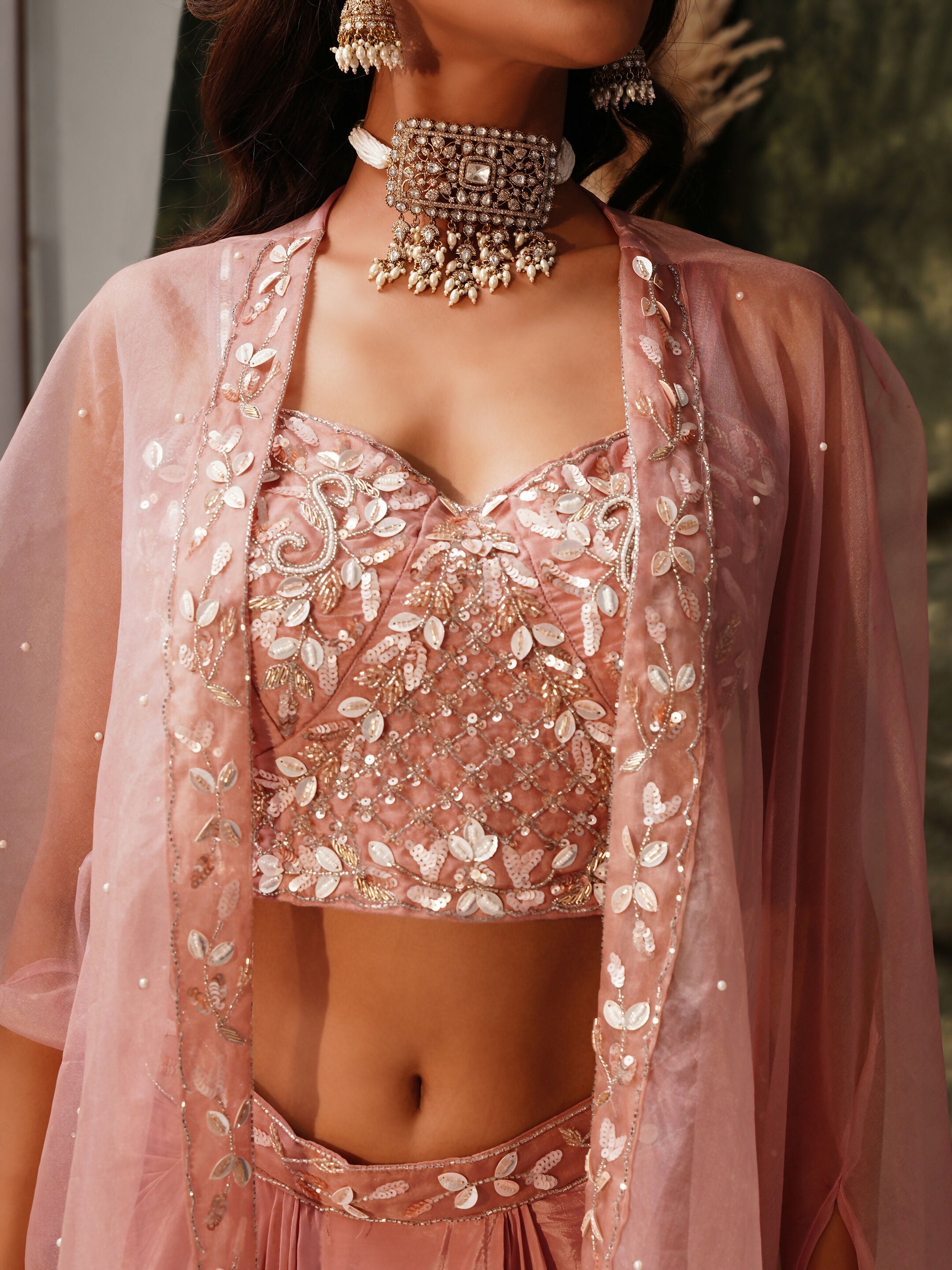 Peach Pure Crepe Handwork Top with Skirt & Shrug - Naomika