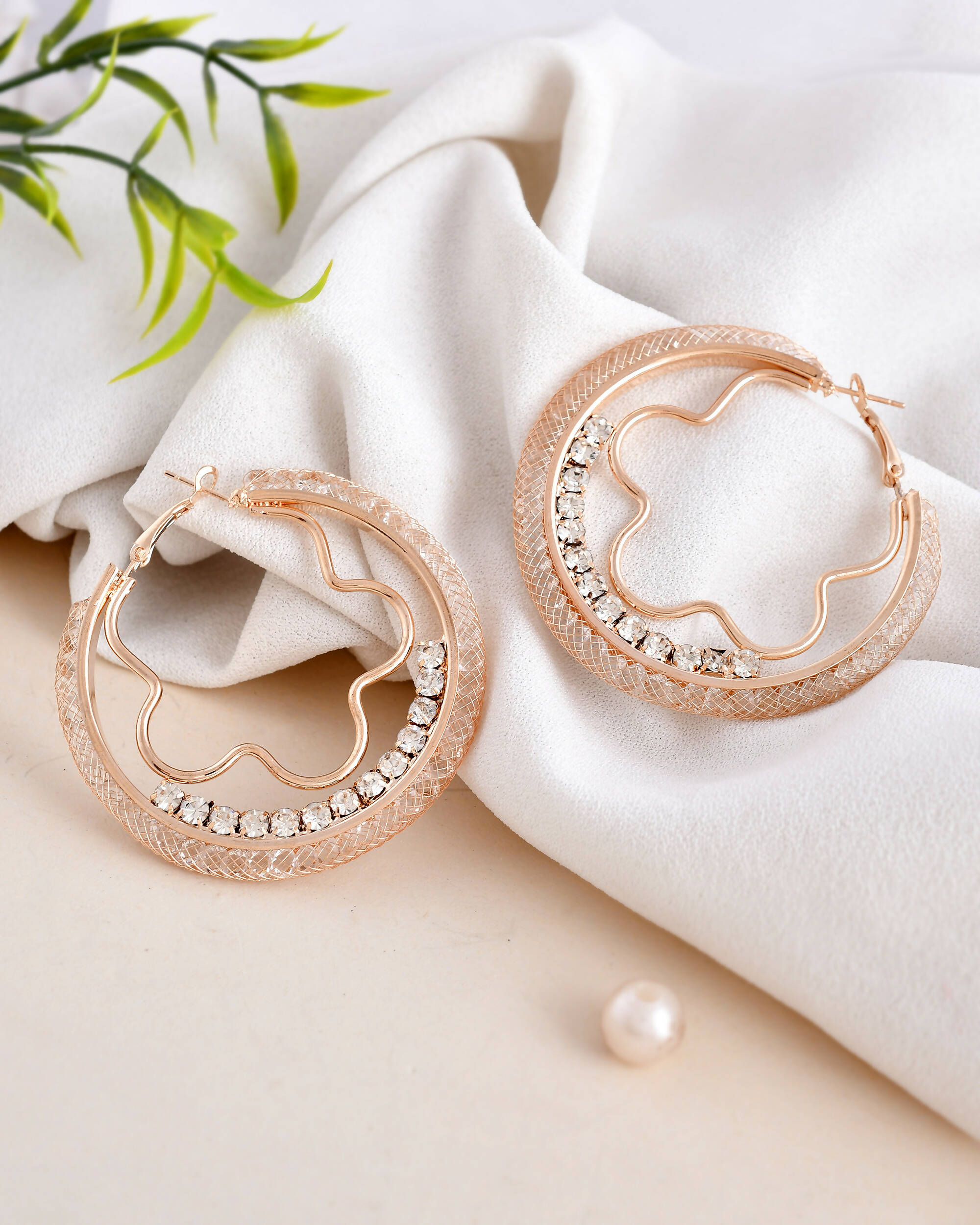 VOJ Women Gold-Polished Studded Beads Stainless Steel Double Circular Hoop Earrings