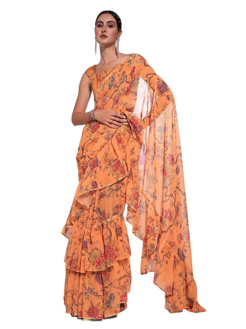 Orange Georgette Floral Printed Saree With Unstitched Blouse Piece - Rajal