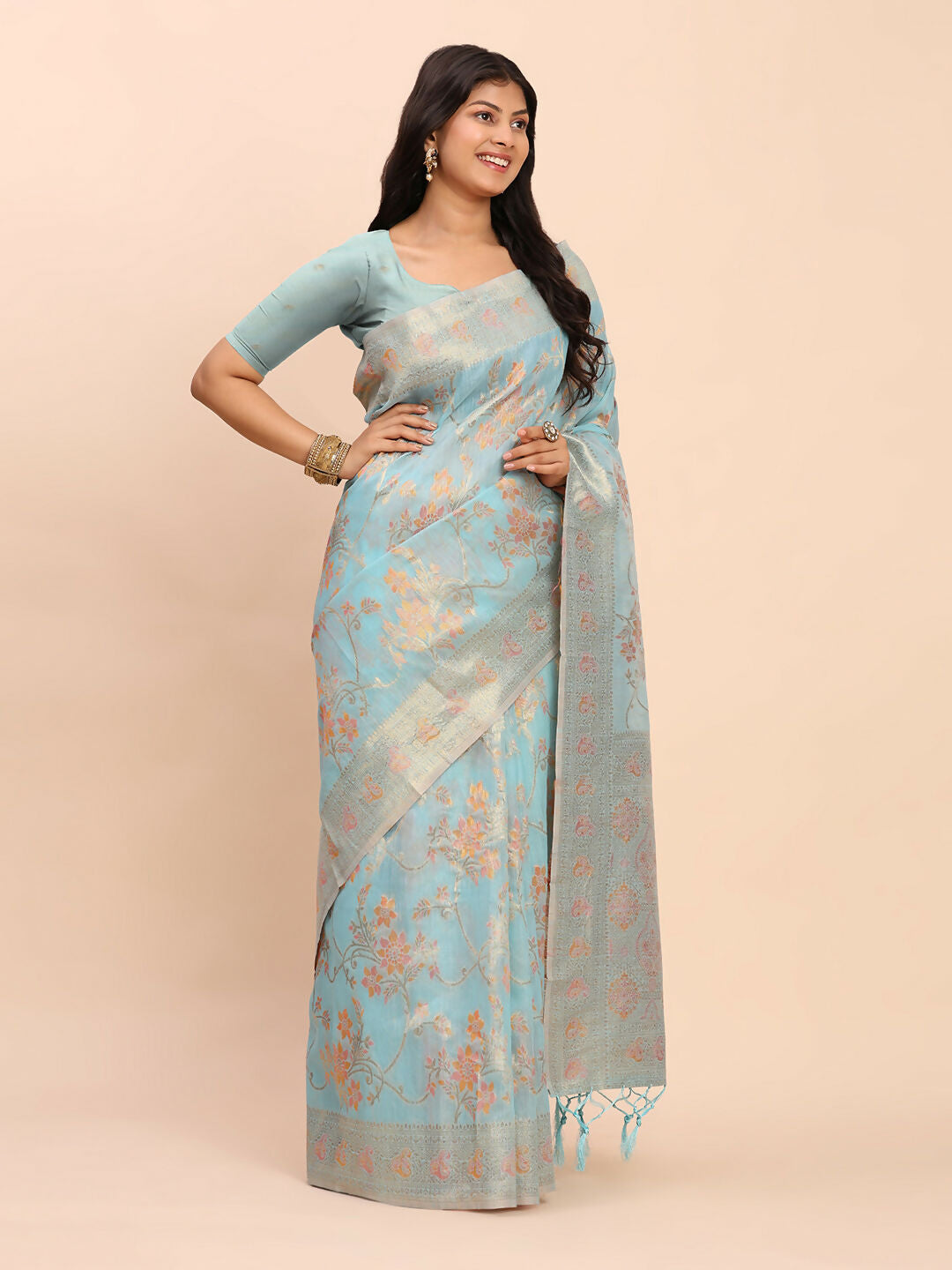 Shree Shyam Fashion Linen Cotton Sky Blue Saree