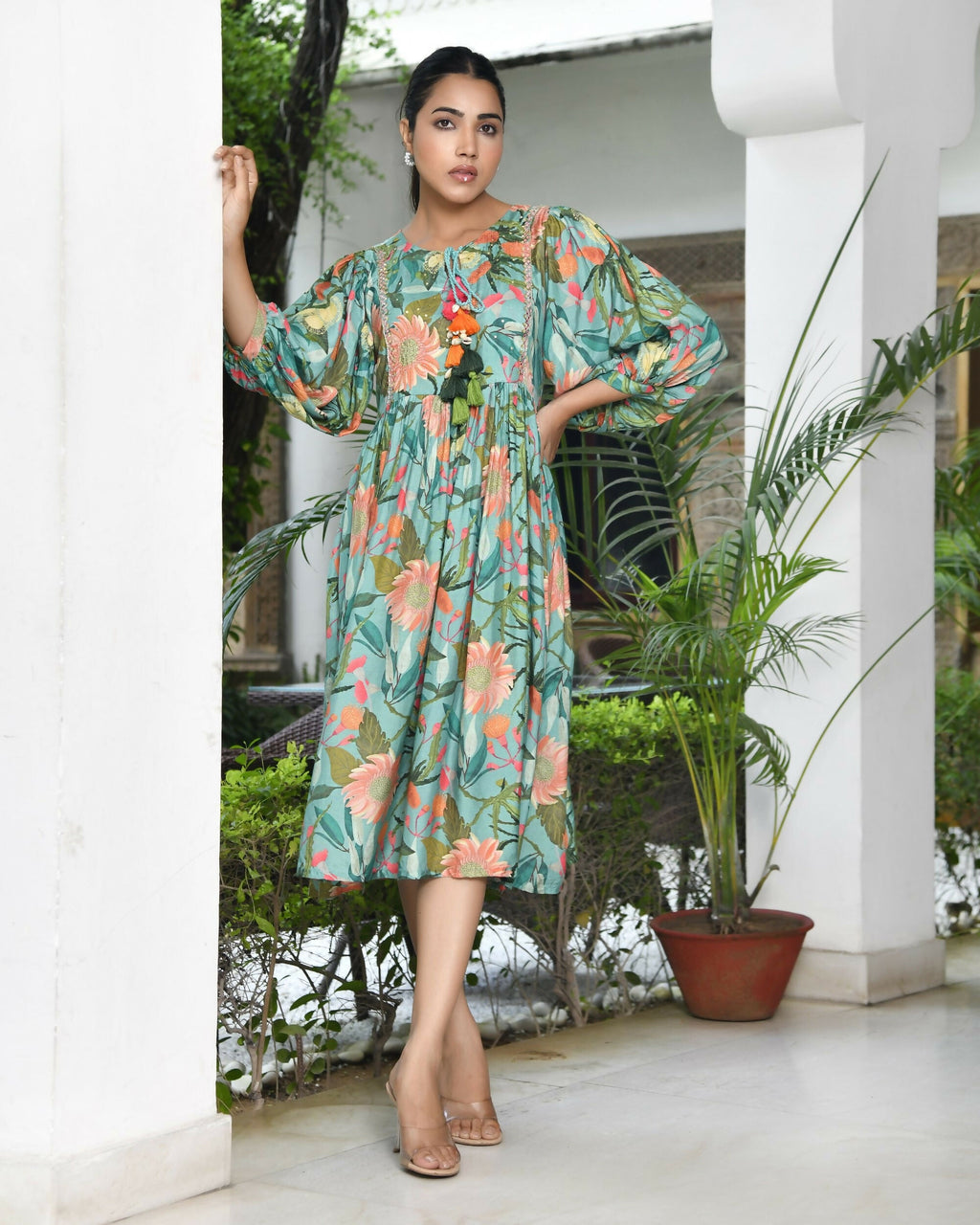 Vaasva Women's Teal Musline Viscose Digital Printed Dress