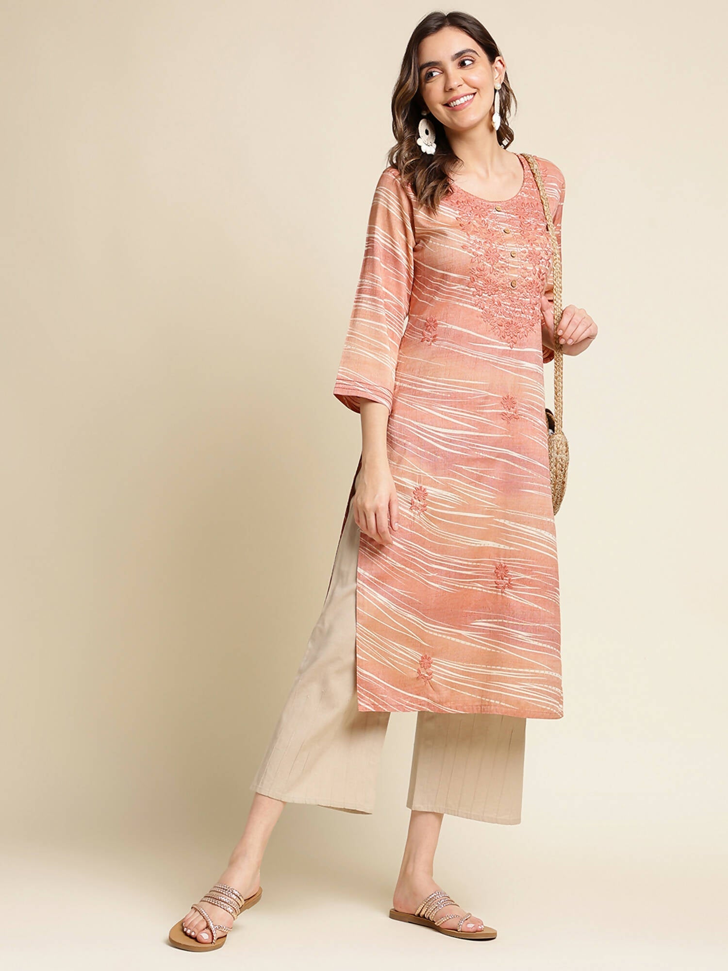 Peach Poly Rayon Stripe Printed Straight Fit Kurta - Prasuti