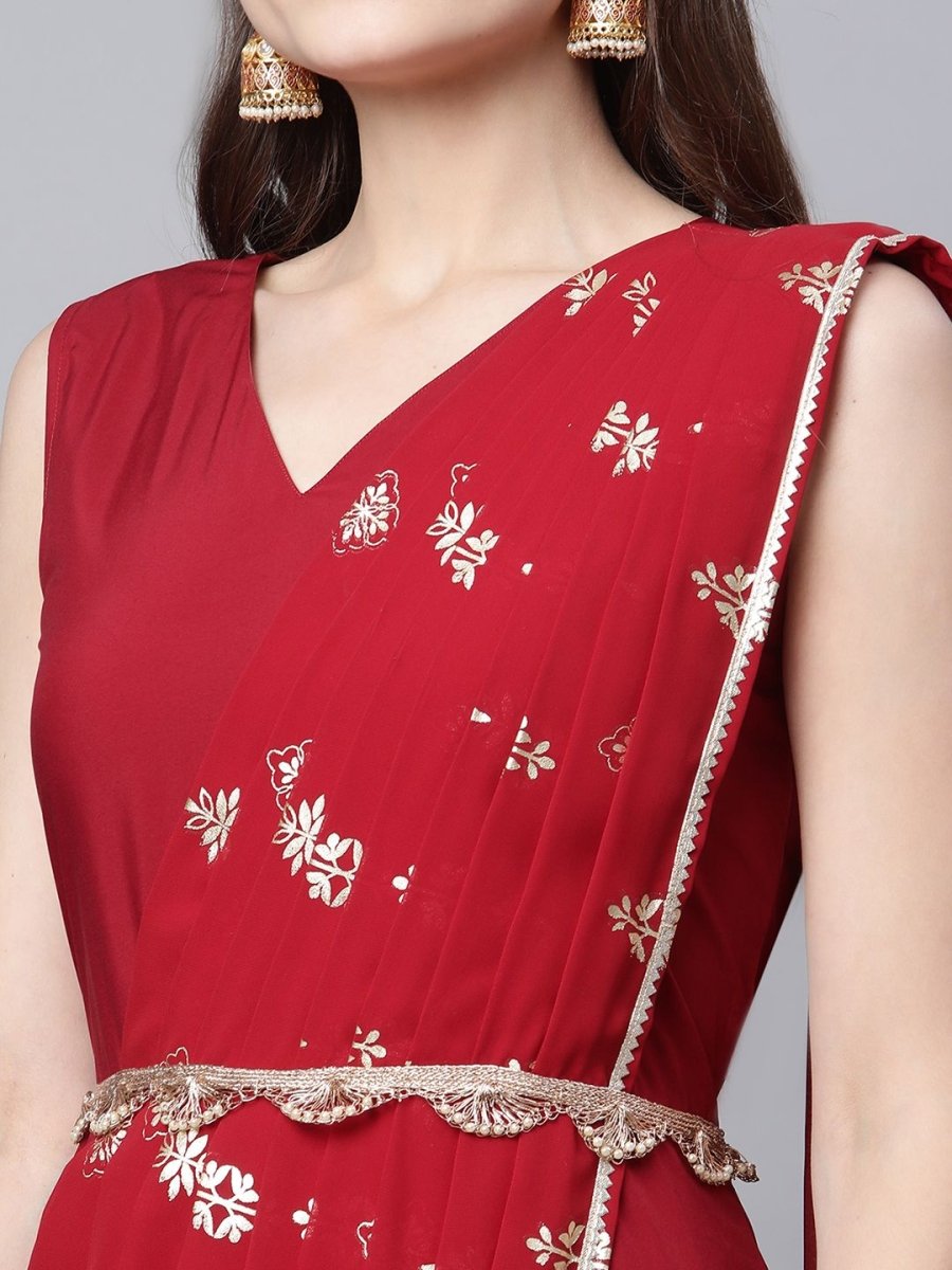 Ahalyaa Women Maroon Crepe Georgette Printed Saree Dress With Printed Pallu