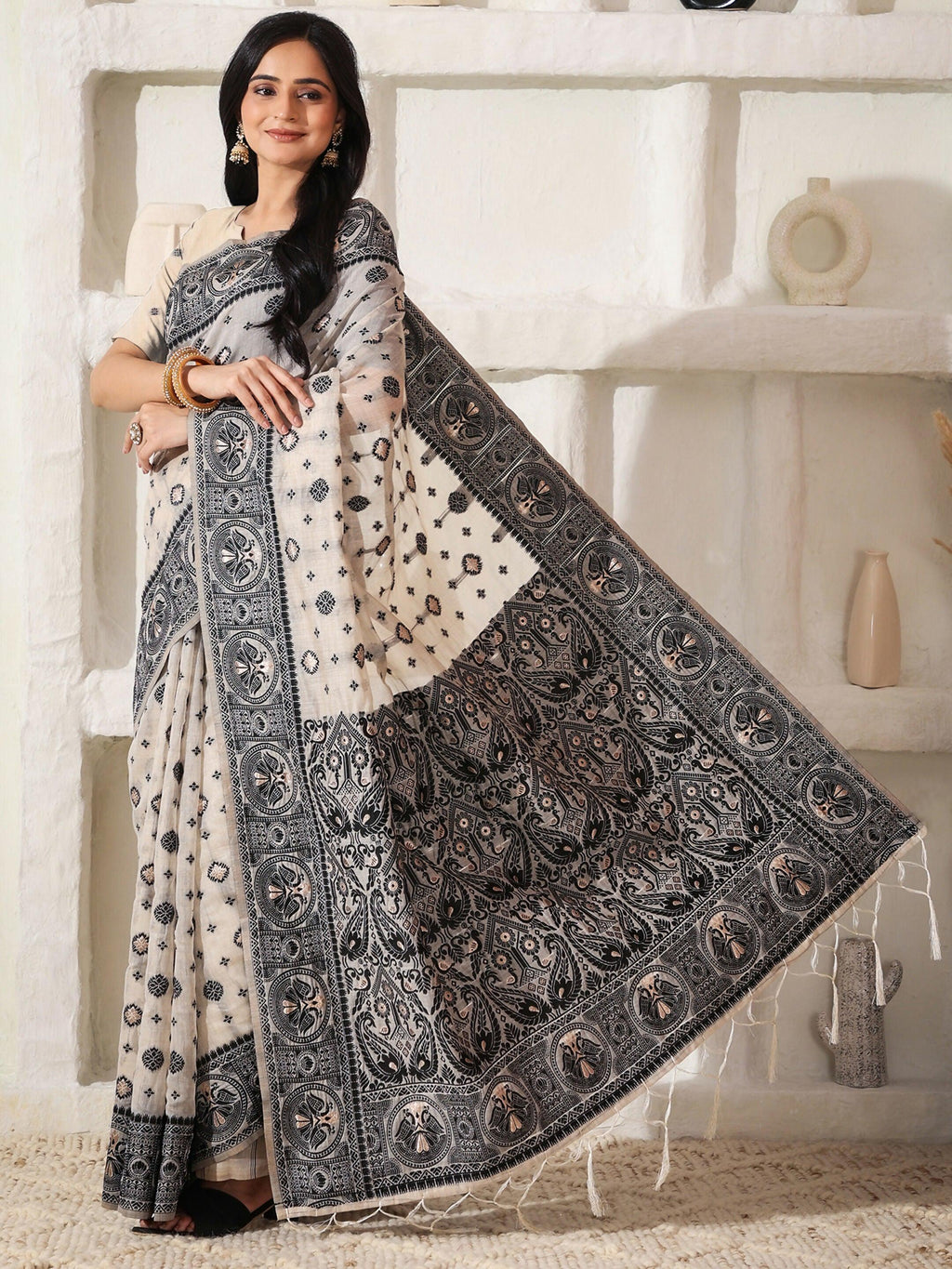 Shree Shyam Fashion Linen Cotton Black & Cream Saree