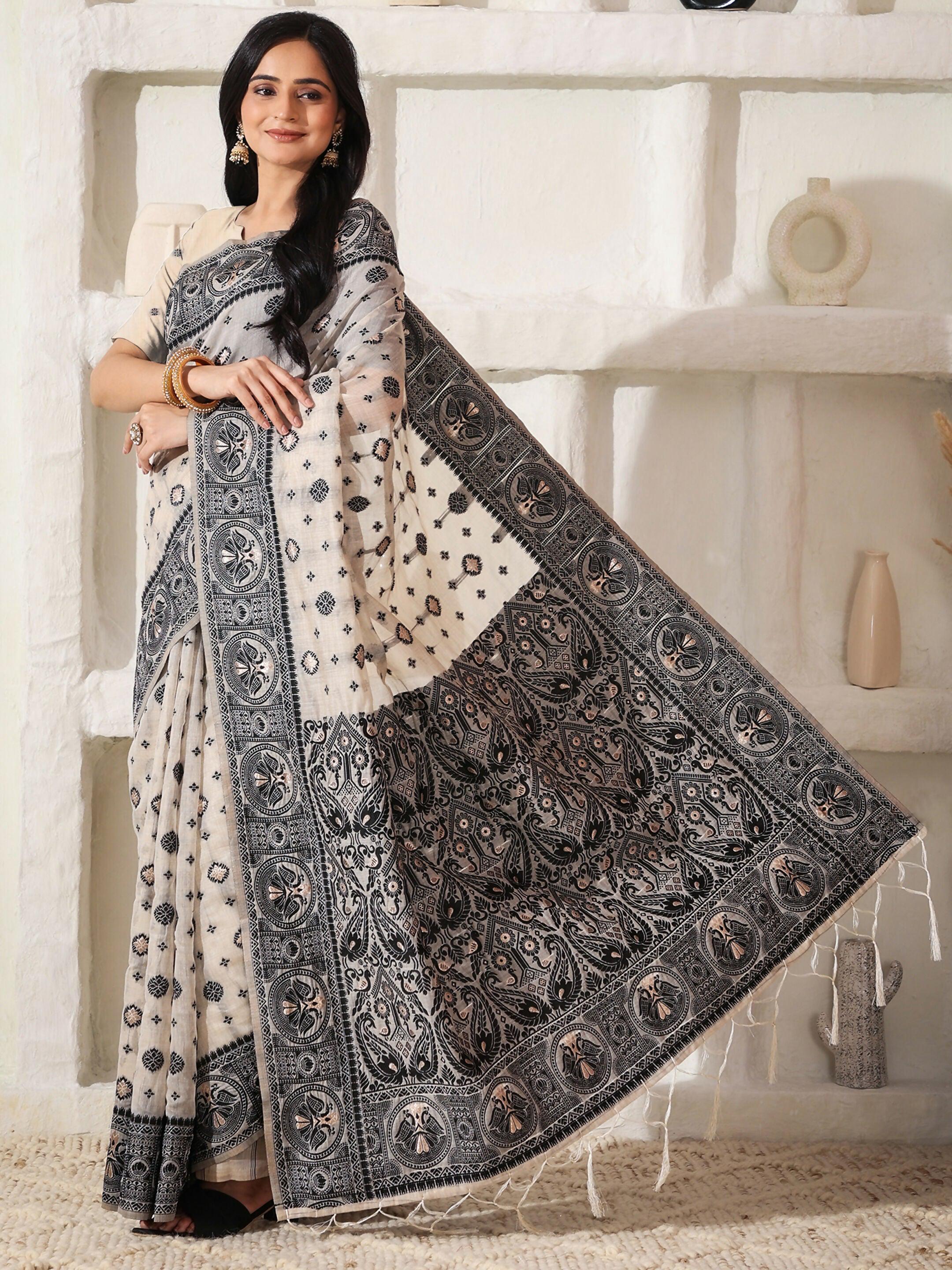 Shree Shyam Fashion Linen Cotton Black & Cream Saree