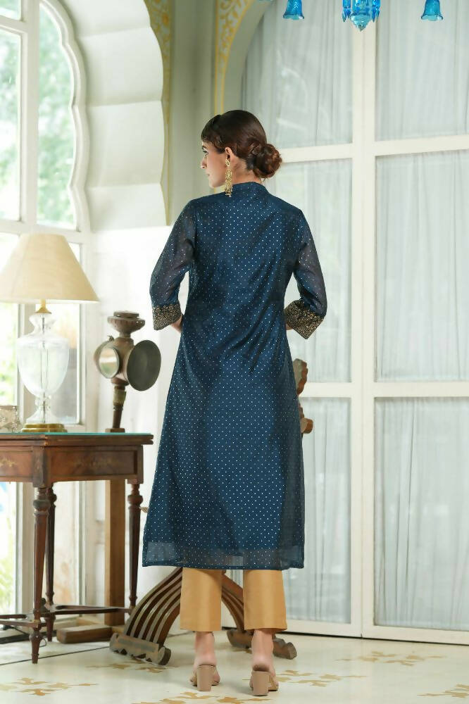 Juniper Blue Chanderi Festive Embroidered Polka Dot Printed A-Line Kurta For Women