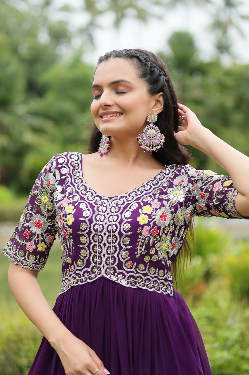 Vastranavya Faux Blooming with Embroidery Zari Sequins-work Gown - Purple