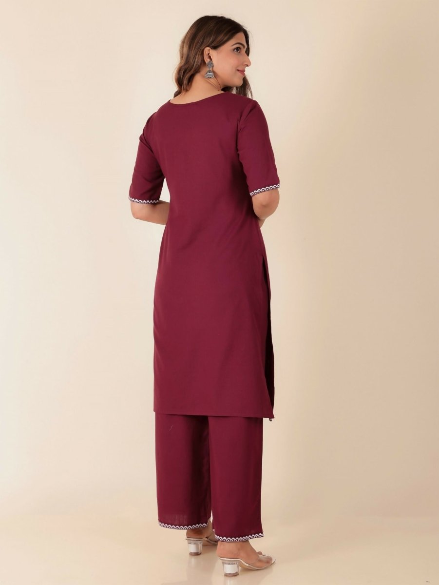 Aramya Maroon Linen Cotton Solid Print Straight Kurta Set for Women
