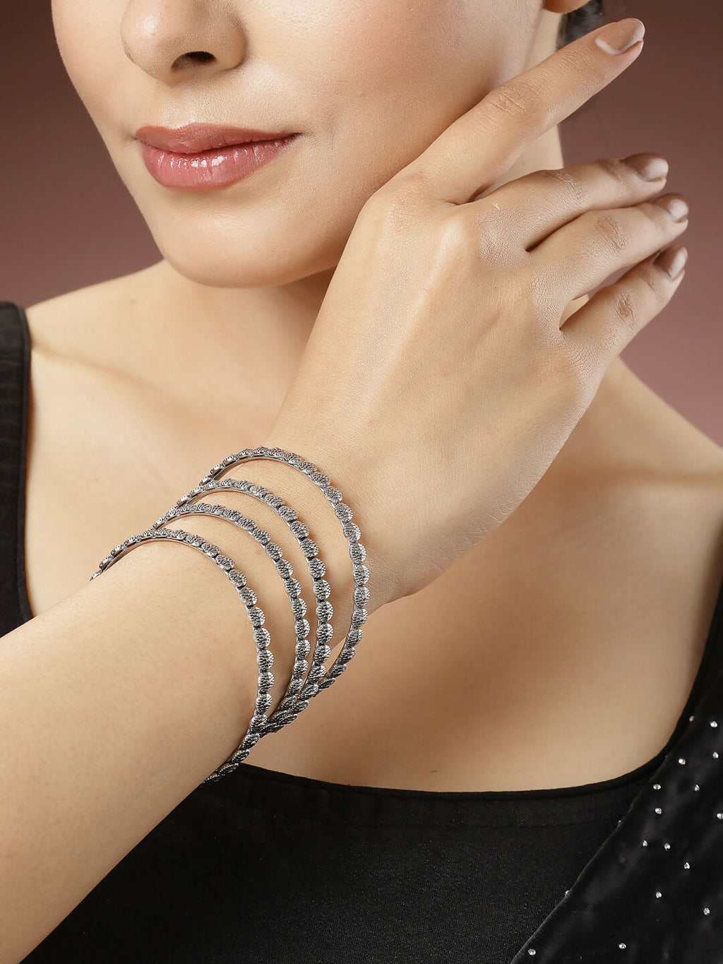 NVR Women's Set of 4 Silver-Toned German Silver Oxidised Bangles