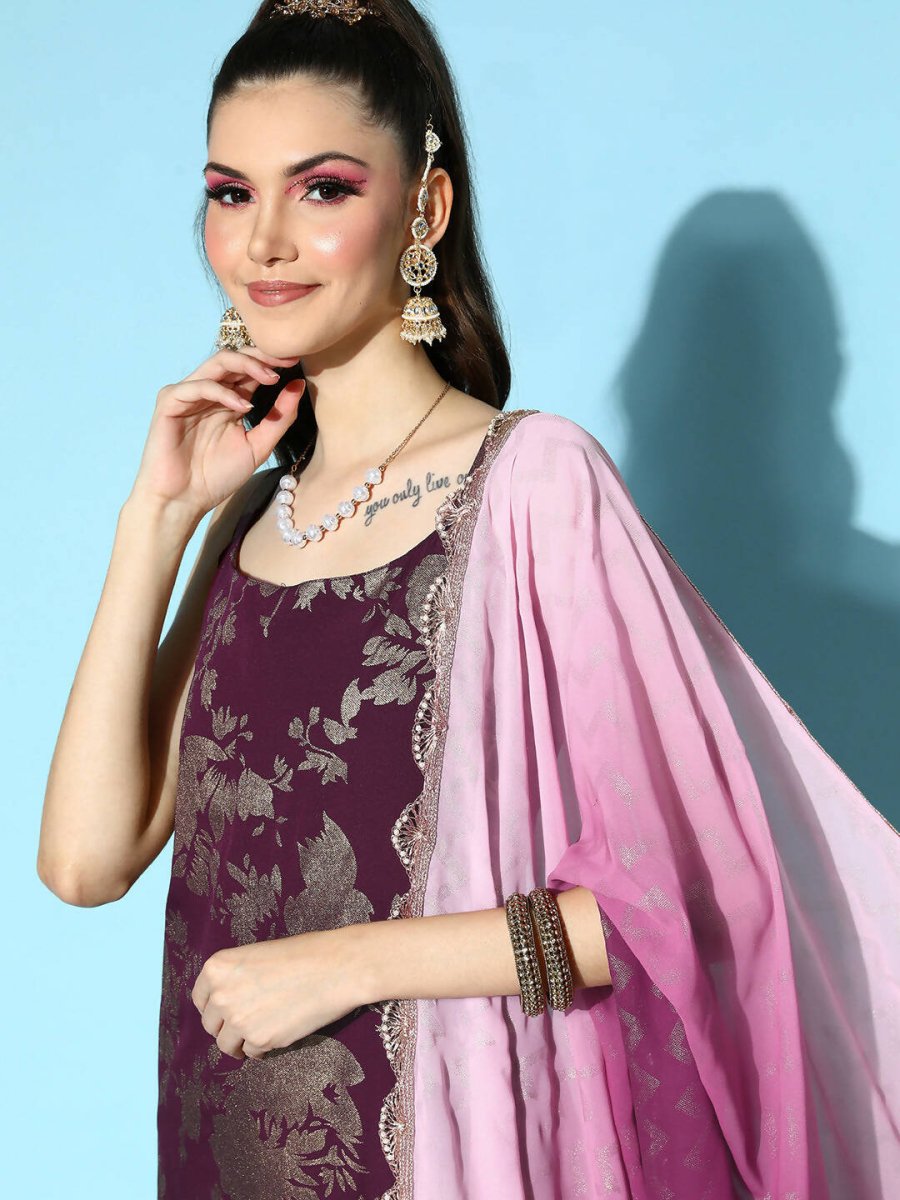Ahalyaa Women's Wine Crepe Gold Smoke Printed Kurta Pant Set With Dupatta